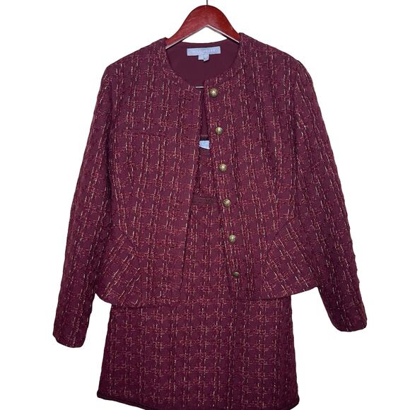Hill House The Valentina Tweed Jacket and Mini Dress set in Burgundy Sz XS - Picture 12 of 16